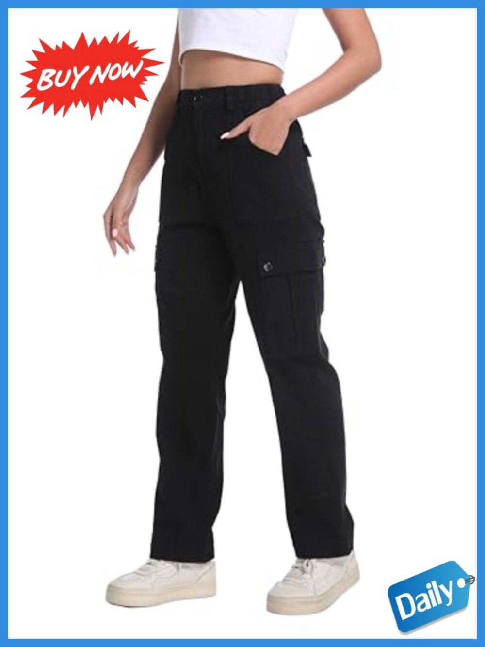 High Waisted Cargo Pants Cotton Spandex Stretch Straight Leg Utility Trousers